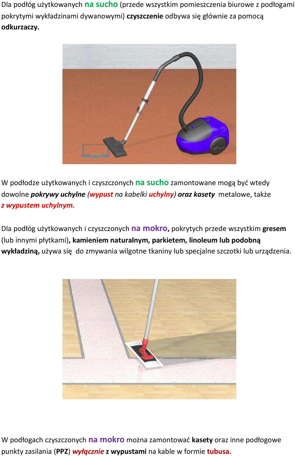 Dla podłóg użytkowanych i czyszczonych na mokro, pokrytych przede wszystkim gresem (lub innymi płytkami), kamieniem naturalnym, parkietem, linoleum lub podobną wykładziną, używa się do
