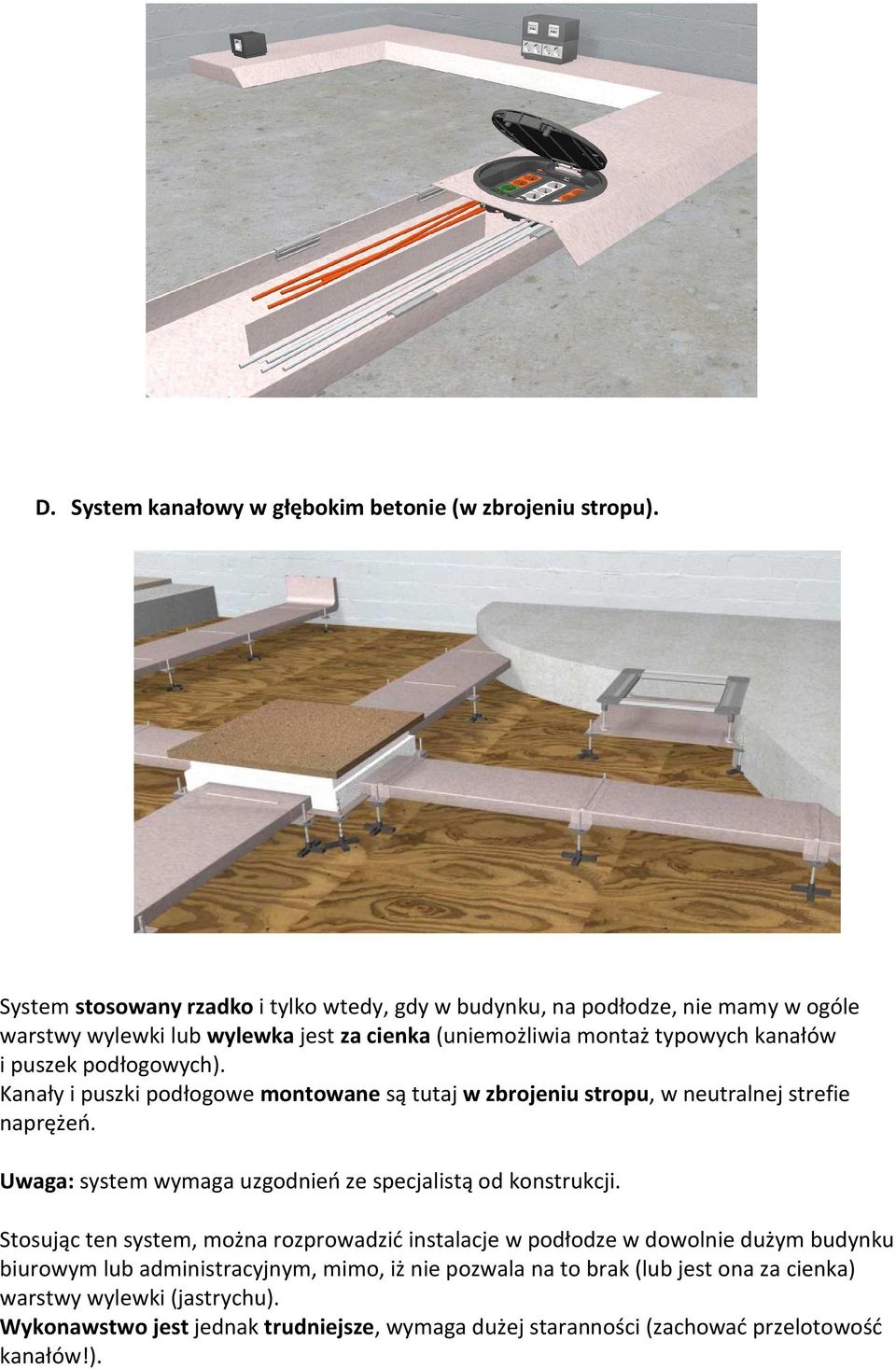podłogowych). Kanały i puszki podłogowe montowane są tutaj w zbrojeniu stropu, w neutralnej strefie naprężeń. Uwaga: system wymaga uzgodnień ze specjalistą od konstrukcji.