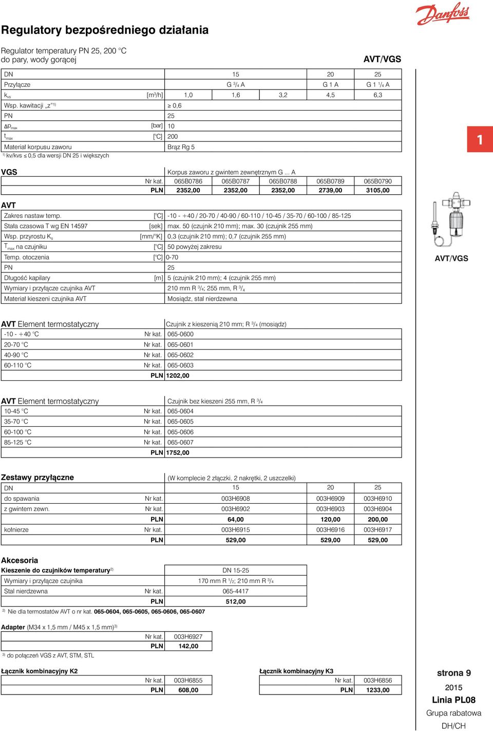 kawitacji z 0,6 PN 2 p max t max [ C] 200 Materiał korpusu zaworu Brąz Rg kv/kvs 0, dla wersji DN 2 i większych VGS Korpus zaworu z gwintem zewnętrznym G... A Nr kat.