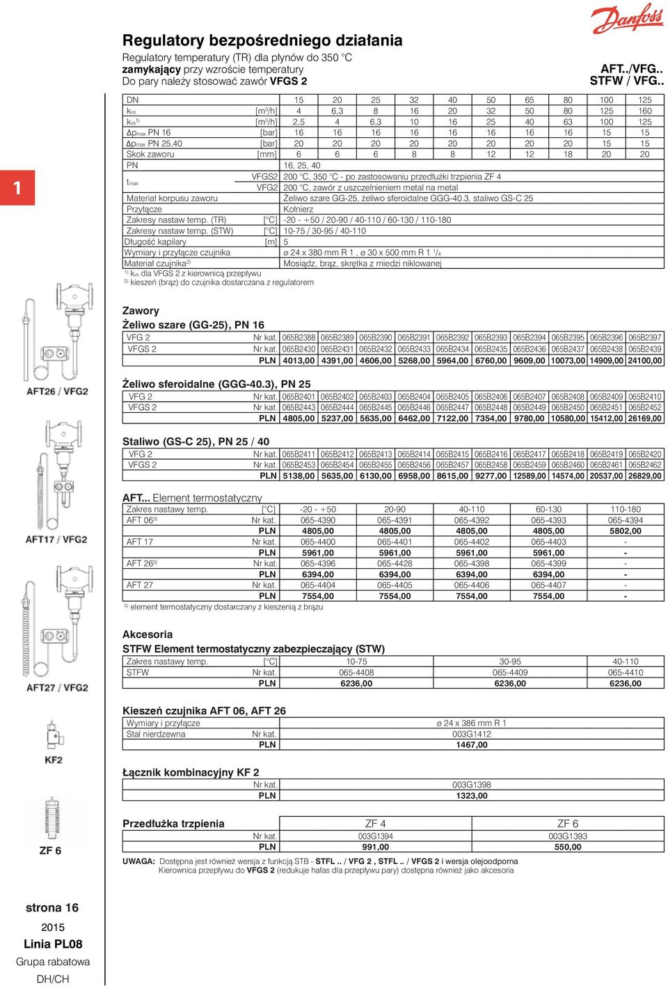 20 20 PN 6, 2, 40 VFGS2 200 C, 30 C - po zastosowaniu przedłużki trzpienia ZF 4 tmax VFG2 200 C, zawór z uszczelnieniem metal na metal Materiał korpusu zaworu Żeliwo szare GG-2, żeliwo sferoidalne