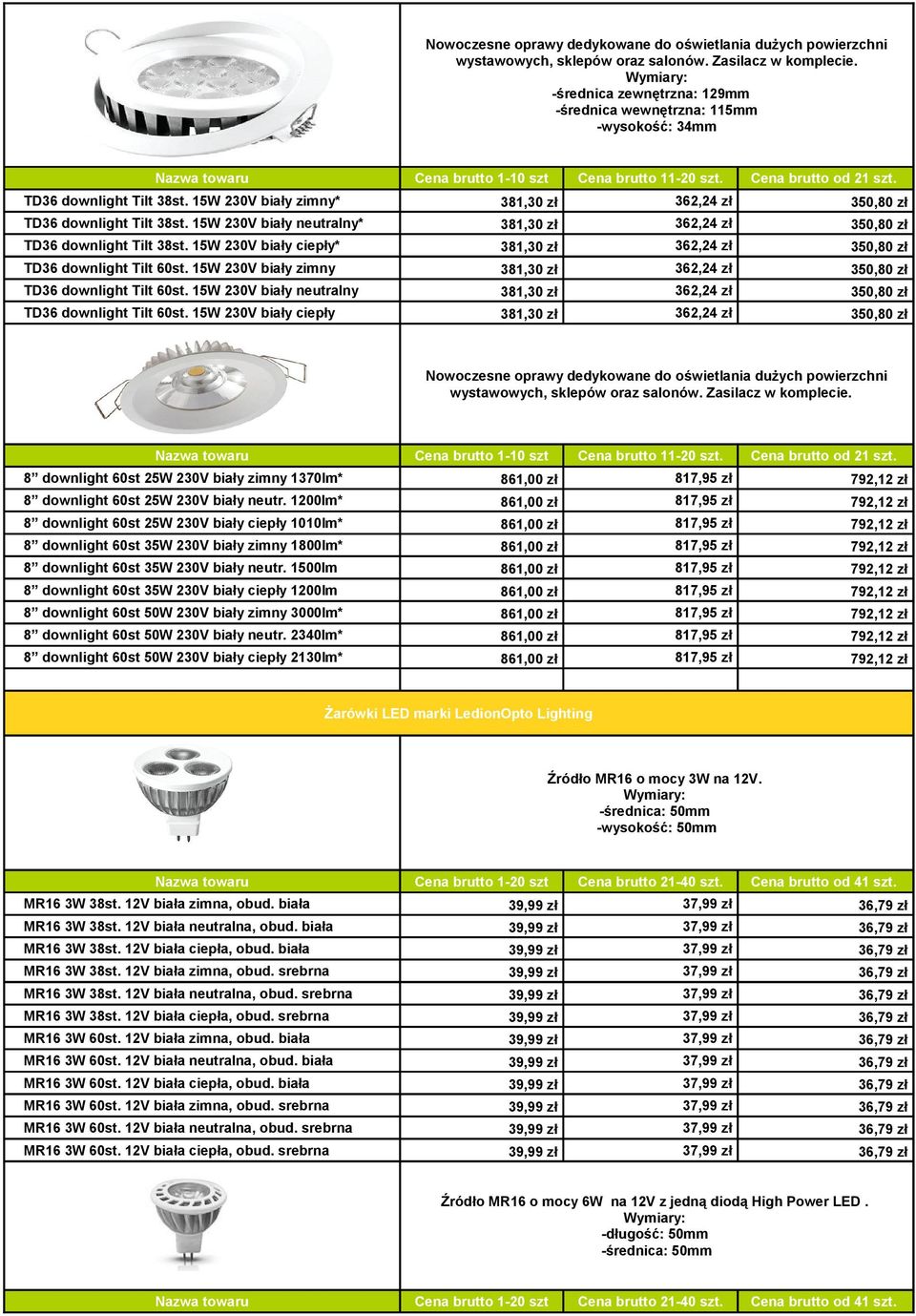 15W 230V biały ciepły* TD36 downlight Tilt 60st. 15W 230V biały zimny TD36 downlight Tilt 60st. 15W 230V biały neutralny TD36 downlight Tilt 60st.