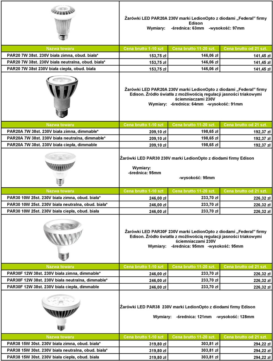 biała 153,75 zł 146,06 zł 141,45 zł Żarówki LED PAR20A 230V marki LedionOpto z diodami Federal firmy Edison.