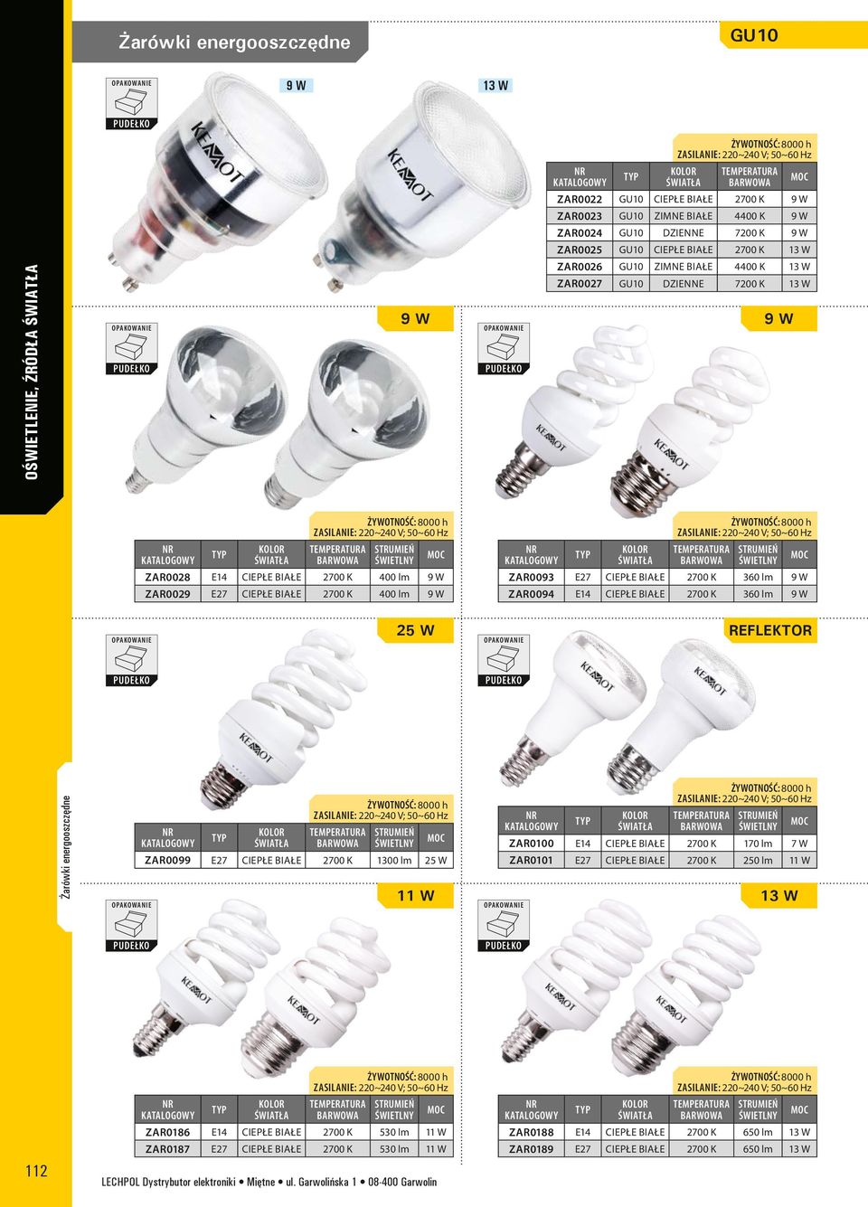 2700 K 360 lm 9 W ZAR0094 E14 ciepłe białe 2700 K 360 lm 9 W 25 W Reflektor Żarówki energooszczędne ZAR0099 E27 ciepłe białe 2700 K 1300 lm 25 W 11 W ZAR0100 E14 ciepłe białe 2700 K 170 lm 7 W