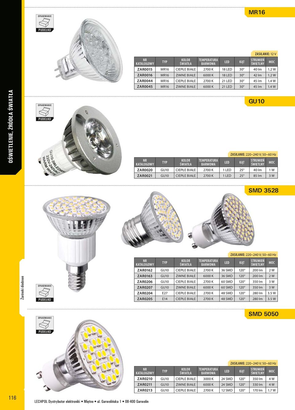 4 W Oświetlenie, źródła GU10 ZAR0020 GU10 ciepłe białe 2700 K 1 25 40 lm 1 W ZAR0021 GU10 ciepłe białe 2700 K 1 25 85 lm 3 W SMD 3528 Żarówki diodowe ZAR0162 GU10 ciepłe białe 2700 K 36 SMD 120 200