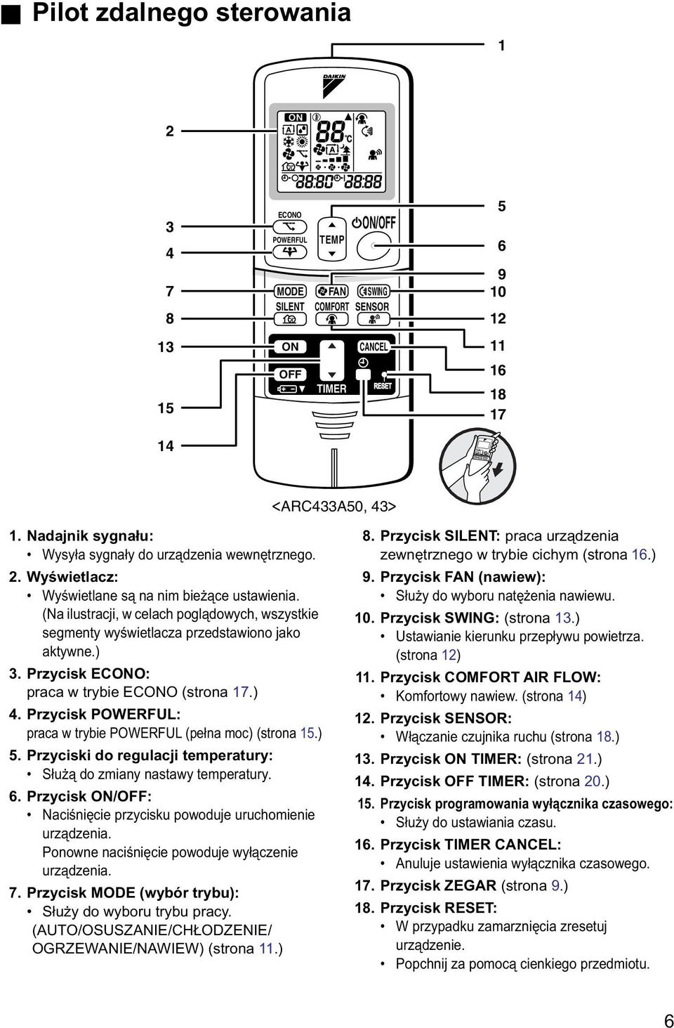 (Na ilustracji, w celach poglądowych, wszystkie segmenty wyświetlacza przedstawiono jako aktywne.) 3. Przycisk ECONO: praca w trybie ECONO (strona 17.) 4.