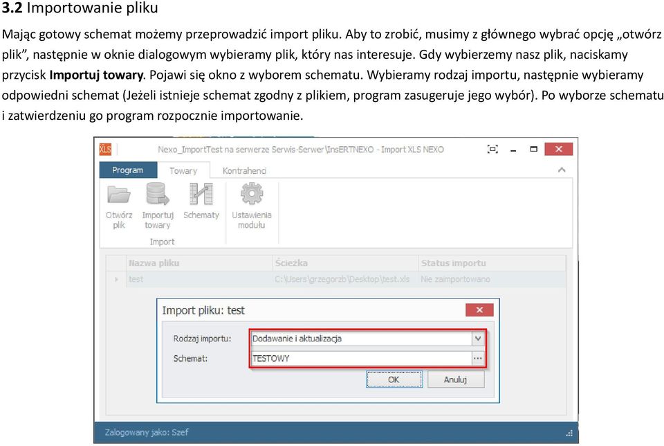 Gdy wybierzemy nasz plik, naciskamy przycisk Importuj towary. Pojawi się okno z wyborem schematu.