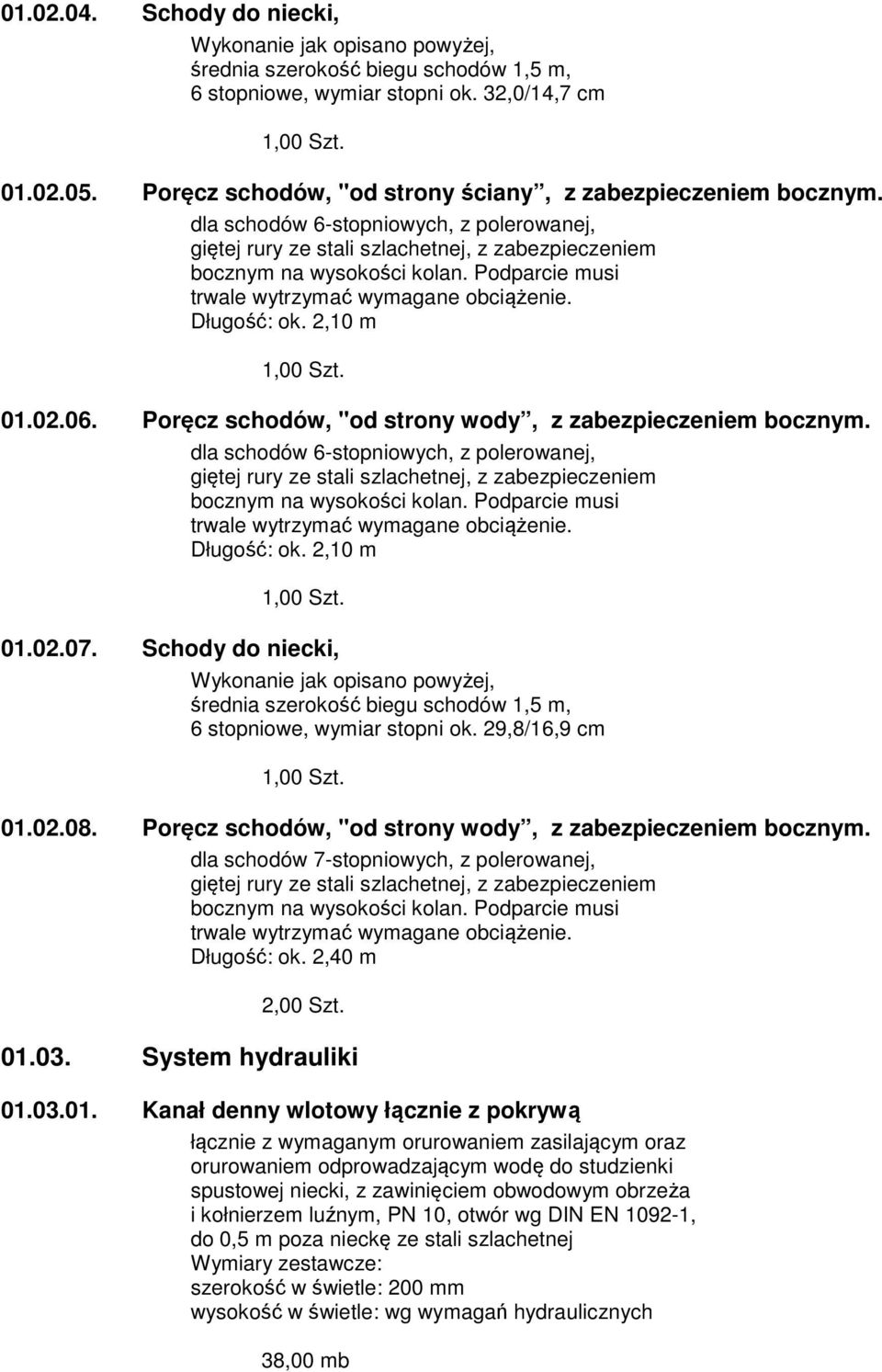 Podparcie musi trwale wytrzymać wymagane obciążenie. Długość: ok. 2,10 m 1,00 Szt. 01.02.06. Poręcz schodów, "od strony wody, z zabezpieczeniem bocznym.