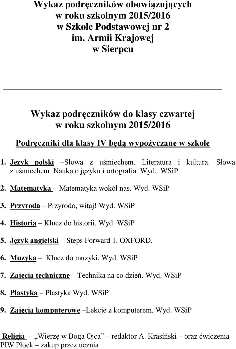 Przyroda Przyrodo, witaj! Wyd. WSiP 4. Historia Klucz do historii. Wyd. WSiP 5. Język angielski Steps Forward 1. OXFORD. 6. Muzyka Klucz do muzyki. Wyd. WSiP 7.