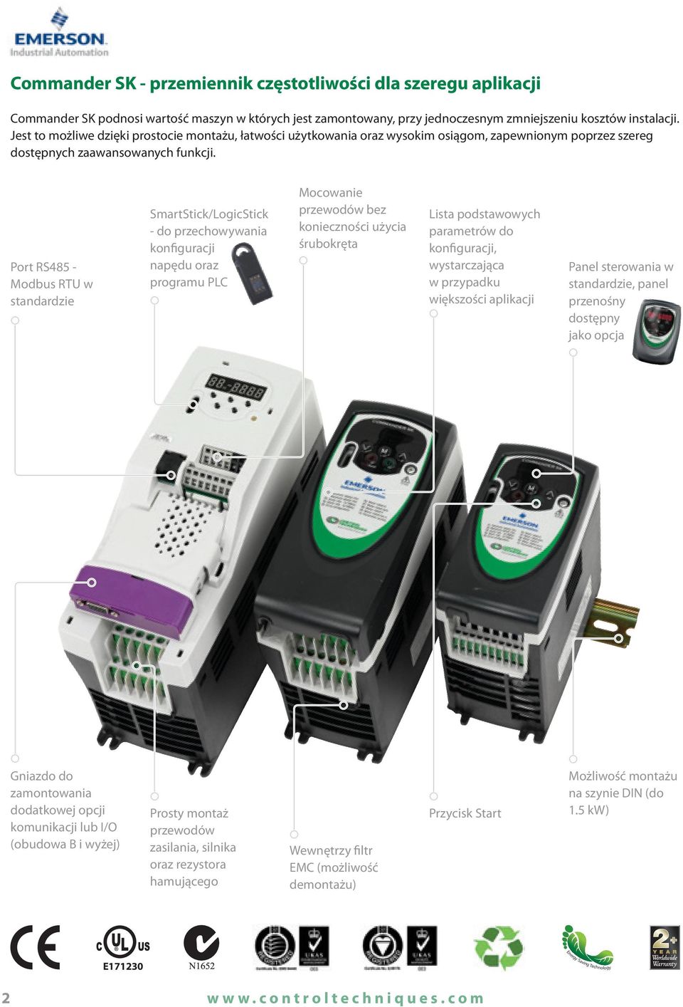 Port RS8 - Modbus RTU w standardzie SmartStick/LogicStick - do przechowywania konfiguracji napędu oraz programu PL Mocowanie przewodów bez konieczności użycia śrubokręta Lista podstawowych parametrów