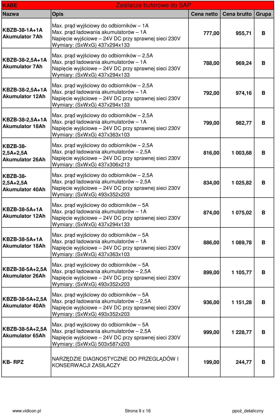 prąd wyjściowy do odbiorników 1A Max. prąd ładowania akumulatorów 1A Wymiary: (SxWxG) 437x294x133 Max. prąd wyjściowy do odbiorników 2,5A Max.