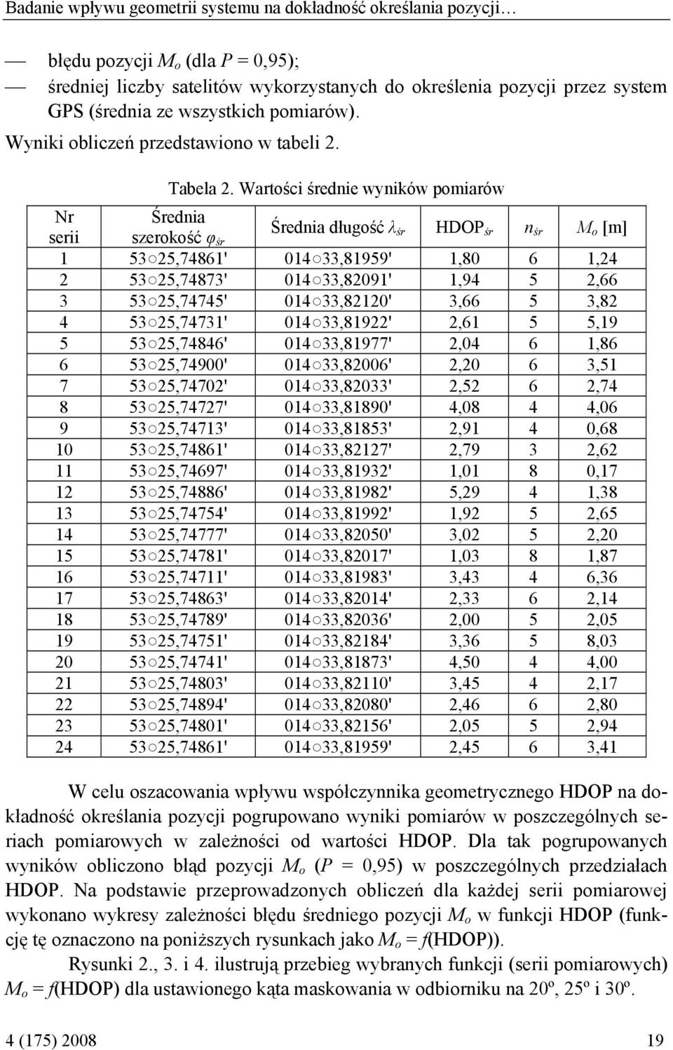 Wartości średnie wyników pomiarów Nr Średnia serii szerokość φ śr Średnia długość λ śr HDOP śr n śr M o [m] 1 53 25,74861' 014 33,81959' 1,80 6 1,24 2 53 25,74873' 014 33,82091' 1,94 5 2,66 3 53