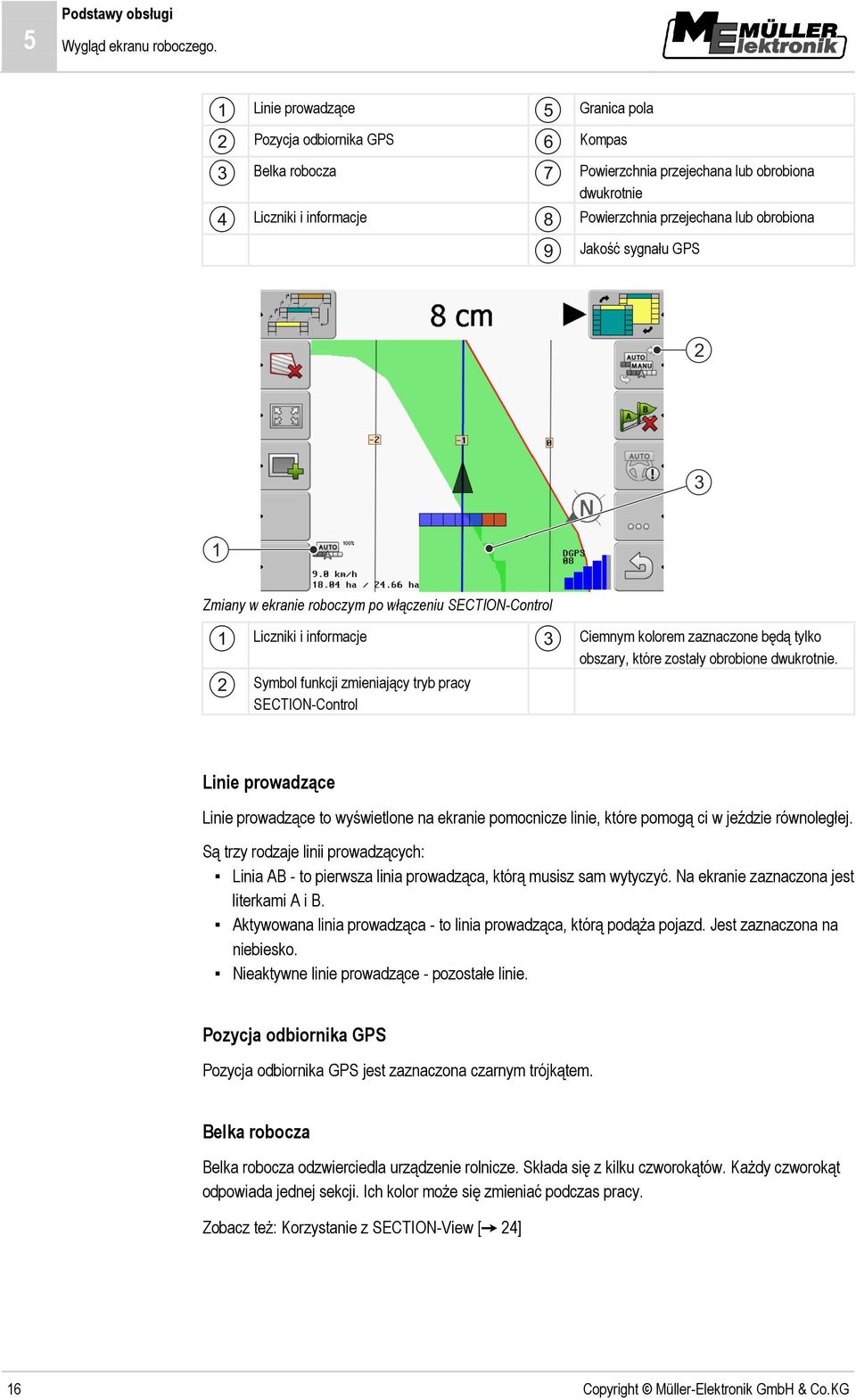 GPS Zmiany w ekranie roboczym po włączeniu SECTION-Control Liczniki i informacje Symbol funkcji zmieniający tryb pracy SECTION-Control Ciemnym kolorem zaznaczone będą tylko obszary, które zostały