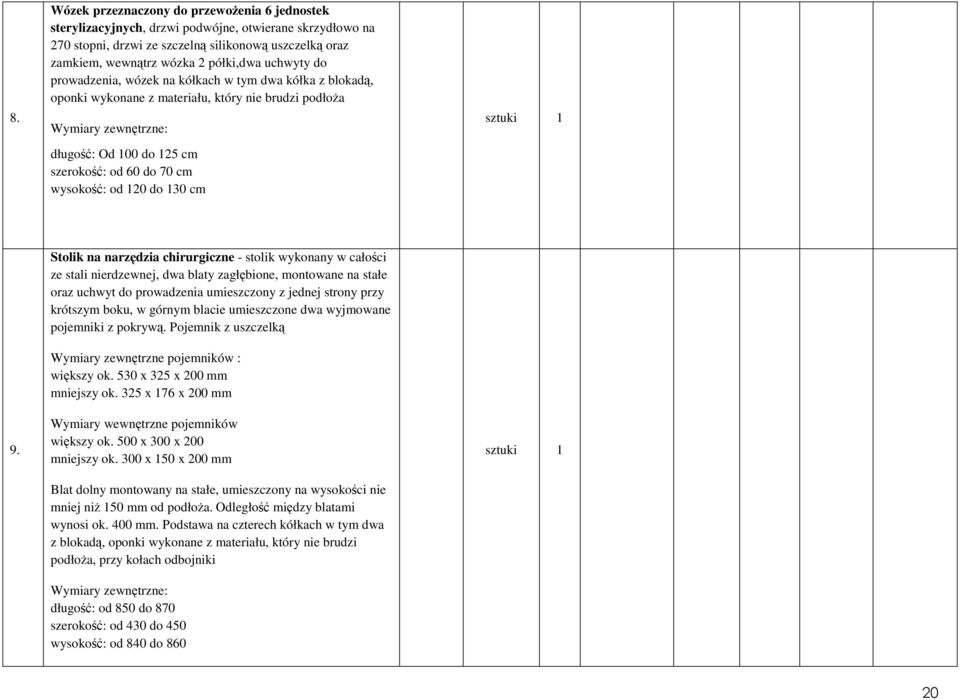 wysokość: od 120 do 130 cm sztuki 1 9.