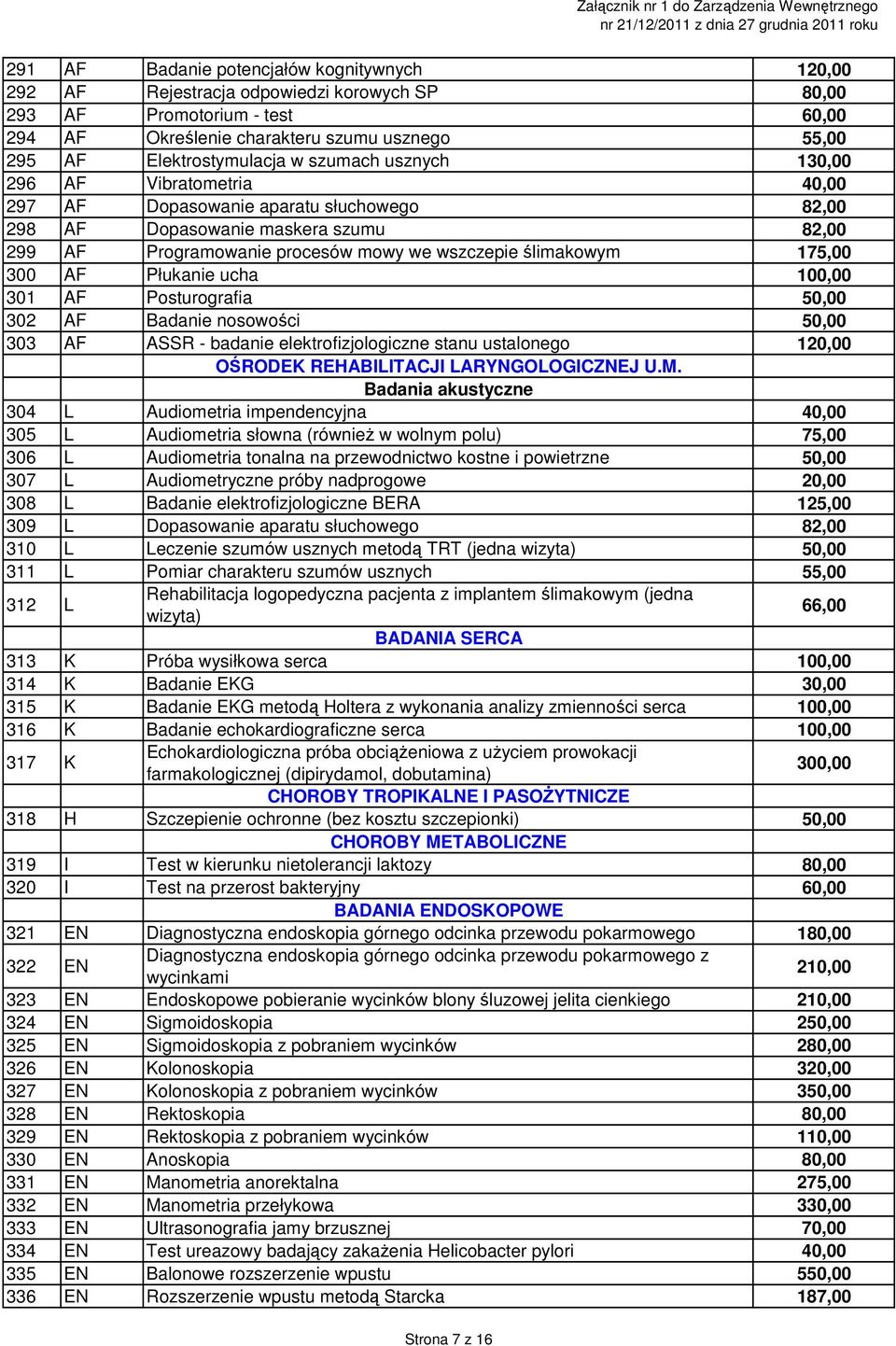 wszczepie ślimakowym 175,00 300 AF Płukanie ucha 100,00 301 AF Posturografia 302 AF Badanie nosowości 303 AF ASSR - badanie elektrofizjologiczne stanu ustalonego 120,00 OŚRODEK REHABILITACJI