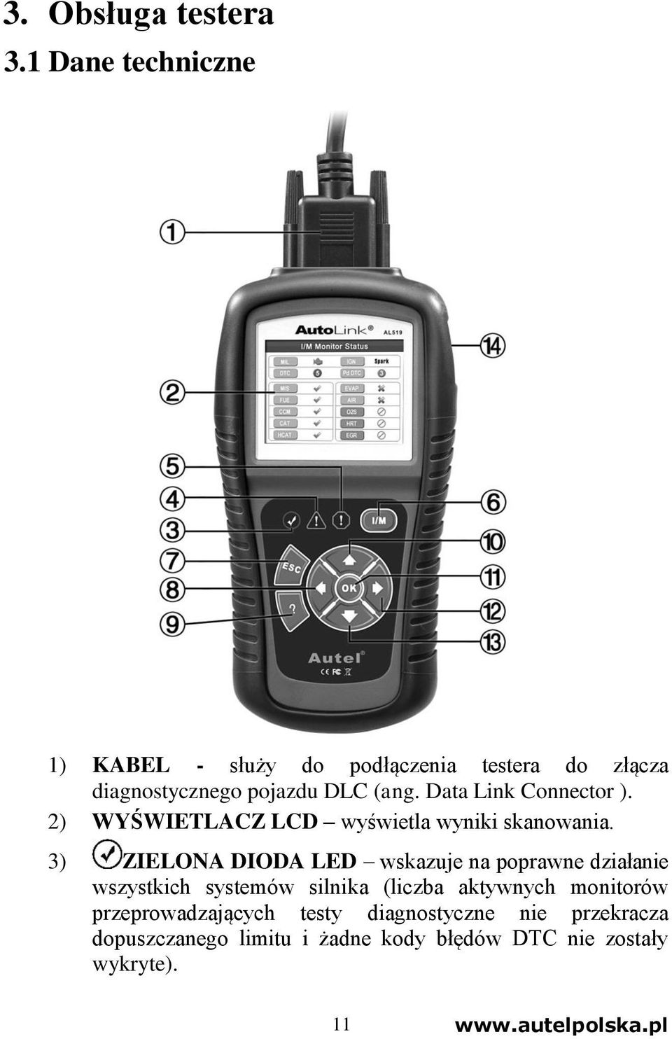 Data Link Connector ). 2) WYŚWIETLACZ LCD wyświetla wyniki skanowania.