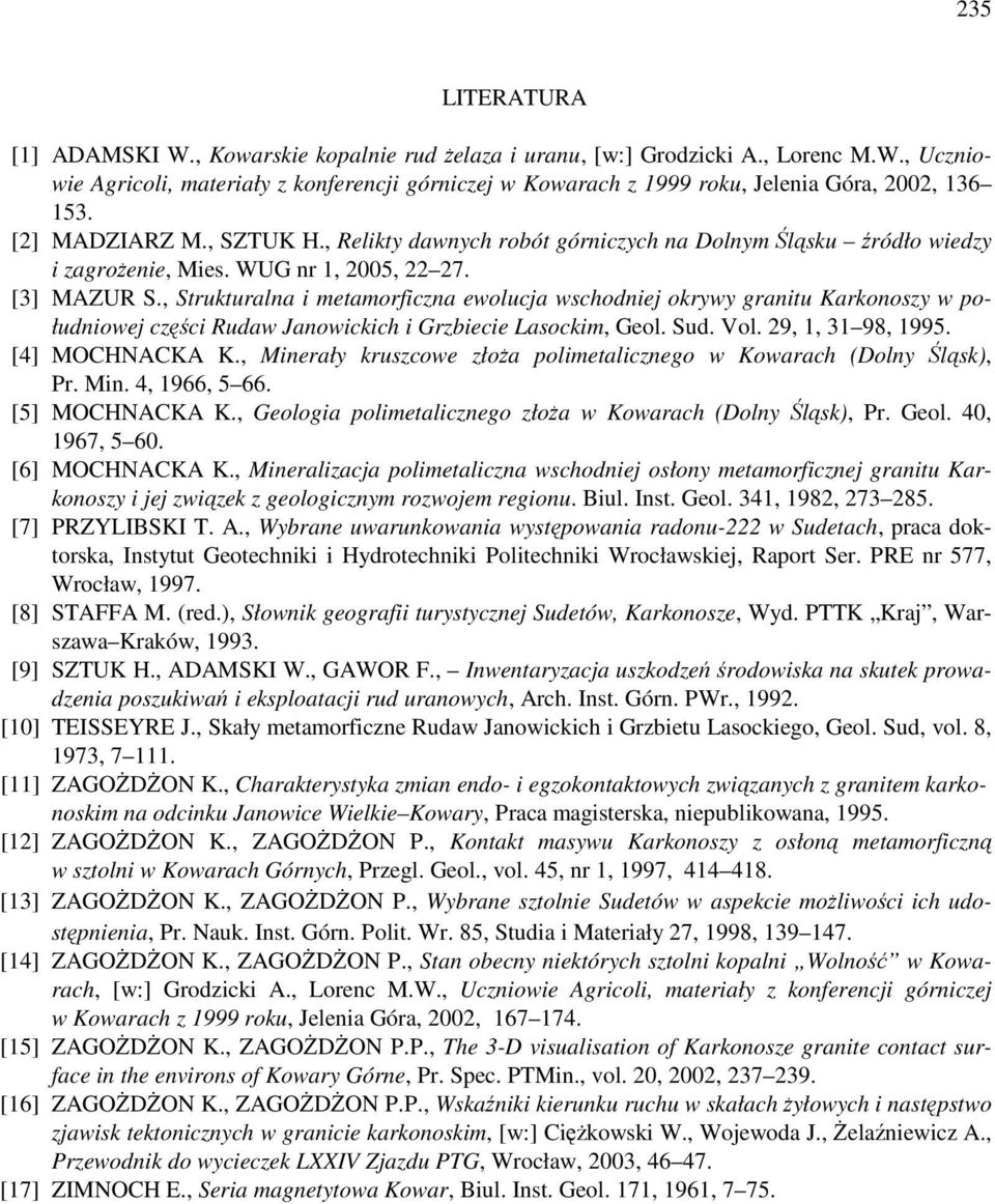 , Strukturalna i metamorficzna ewolucja wschodniej okrywy granitu Karkonoszy w południowej części Rudaw Janowickich i Grzbiecie Lasockim, Geol. Sud. Vol. 29, 1, 31 98, 1995. [4] MOCHNACKA K.