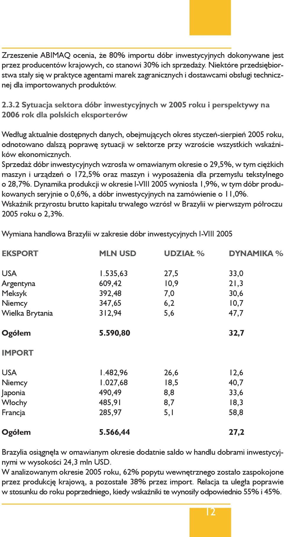 2 Sytuacja sektora dóbr inwestycyjnych w 2005 roku i perspektywy na 2006 rok dla polskich eksporterów Według aktualnie dostępnych danych, obejmujących okres styczeń-sierpień 2005 roku, odnotowano