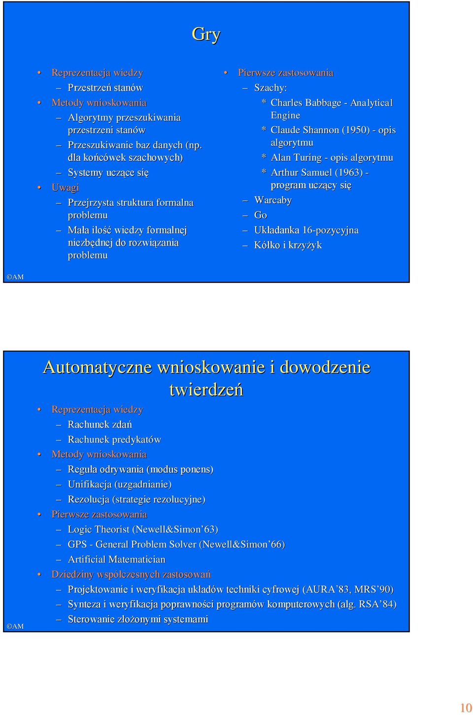 Babbage - Analytical Engine * Claude Shannon (1950) - opis algorytmu * Alan Turing - opis algorytmu * Arthur Samuel (1963) - program uczący się Warcaby Go Układanka 16-pozycyjna Kółko i krzyżyk