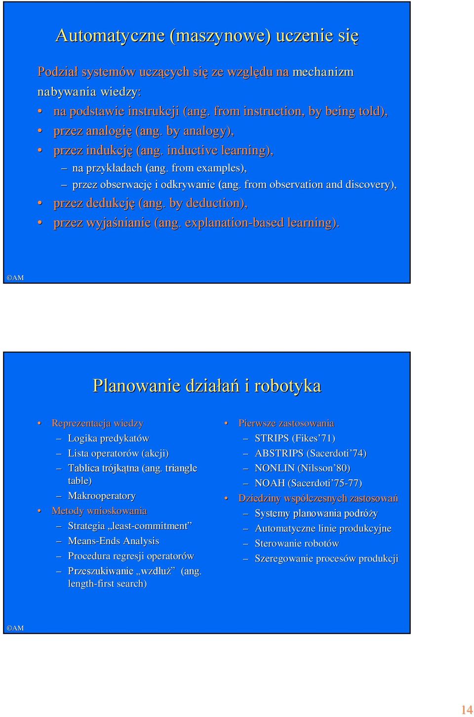 by deduction), przez wyjaśnianie (ang. explanation-based learning). Planowanie działań i robotyka Reprezentacja wiedzy Logika predykatów Lista operatorów (akcji) Tablica trójkątna (ang.