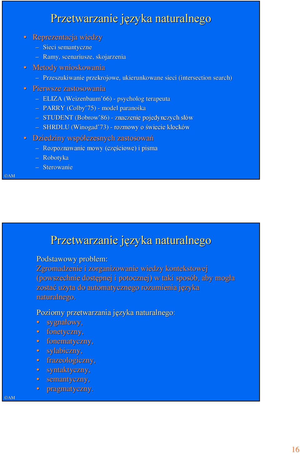 Dziedziny współczesnych zastosowań Rozpoznawanie mowy (częściowe) i pisma Robotyka Sterowanie Przetwarzanie języka naturalnego Podstawowy problem: Zgromadzenie i zorganizowanie wiedzy kontekstowej