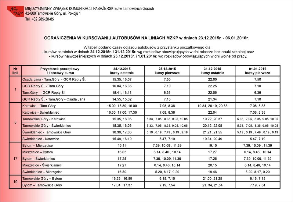 i 31.12.2015r. wg rozkładów obowiązujących w dni robocze bez nauki szkolnej oraz - kursów najwcześniejszych w dniach 25.12.2015r. i 1.01.2016r. wg rozkładów obowiązujących w dni wolne od pracy.