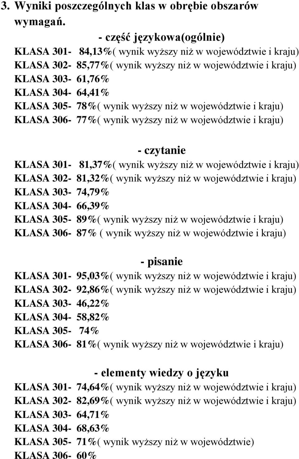 wyższy niż w województwie i kraju) KLASA 306-77%( wynik wyższy niż w województwie i kraju) - czytanie KLASA 301-81,37%( wynik wyższy niż w województwie i kraju) KLASA 302-81,32%( wynik wyższy niż w