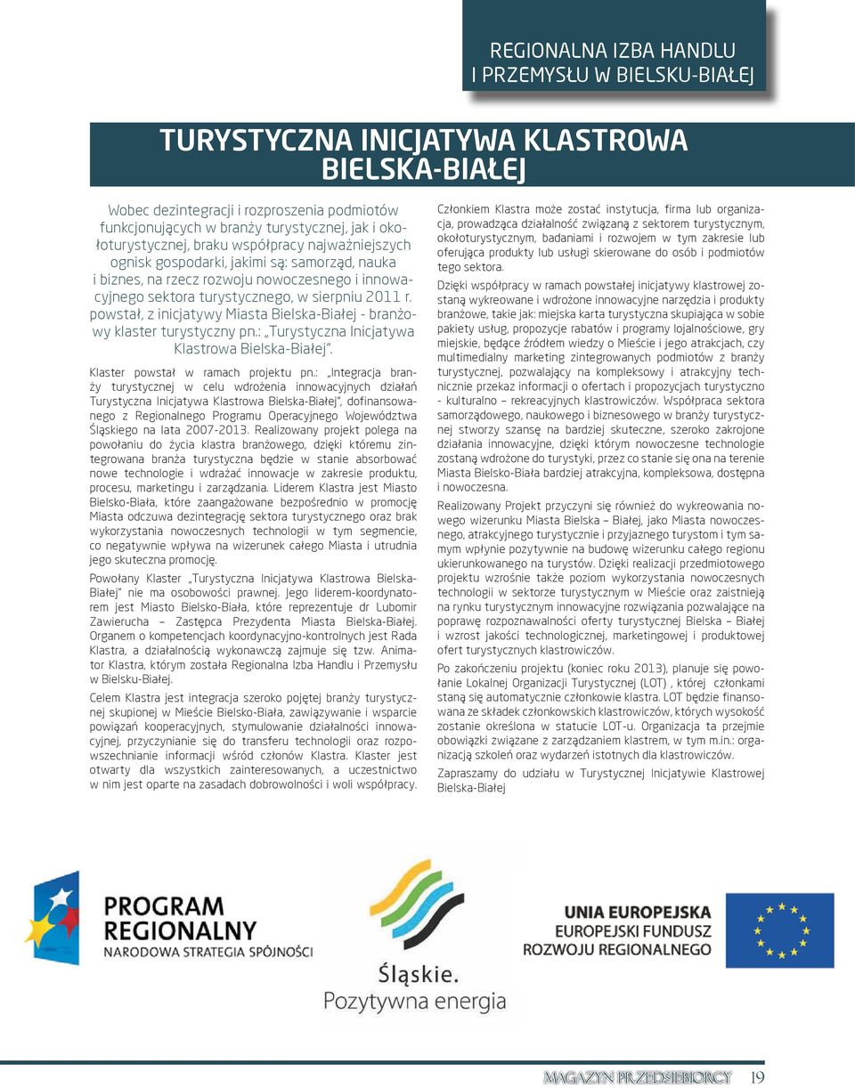 powstał, z inicjatywy Miasta Bielska-Białej - branżowy klaster turystyczny pn.: Turystyczna Inicjatywa Klastrowa Bielska-Białej. Klaster powstał w ramach projektu pn.