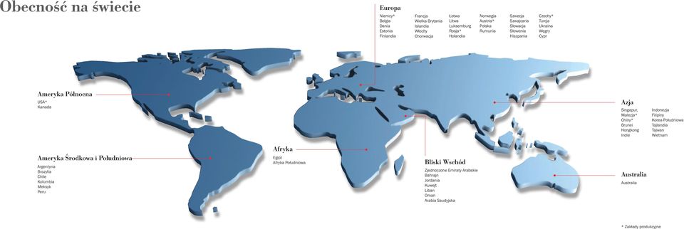 Chiny* Brunei Hongkong Indie Indonezja Filipiny Korea Południowa Tajlandia Tajwan Wietnam Ameryka Srodkowa i Południowa Argentyna Brazylia Chile Kolumbia Meksyk