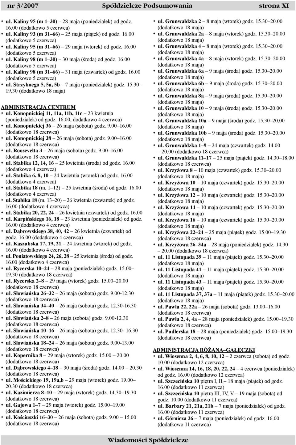 15.30 19.30 ADMINISTRACJA CENTRUM ul. Konopnickiej 11, 11a, 11b, 11c 23 kwietnia (poniedziałek) od godz. 16.00, dodatkowo 4 ul. Konopnickiej 36 26 maja (sobota) godz. 9.00 16.00 (dodatkowo 18 ul.