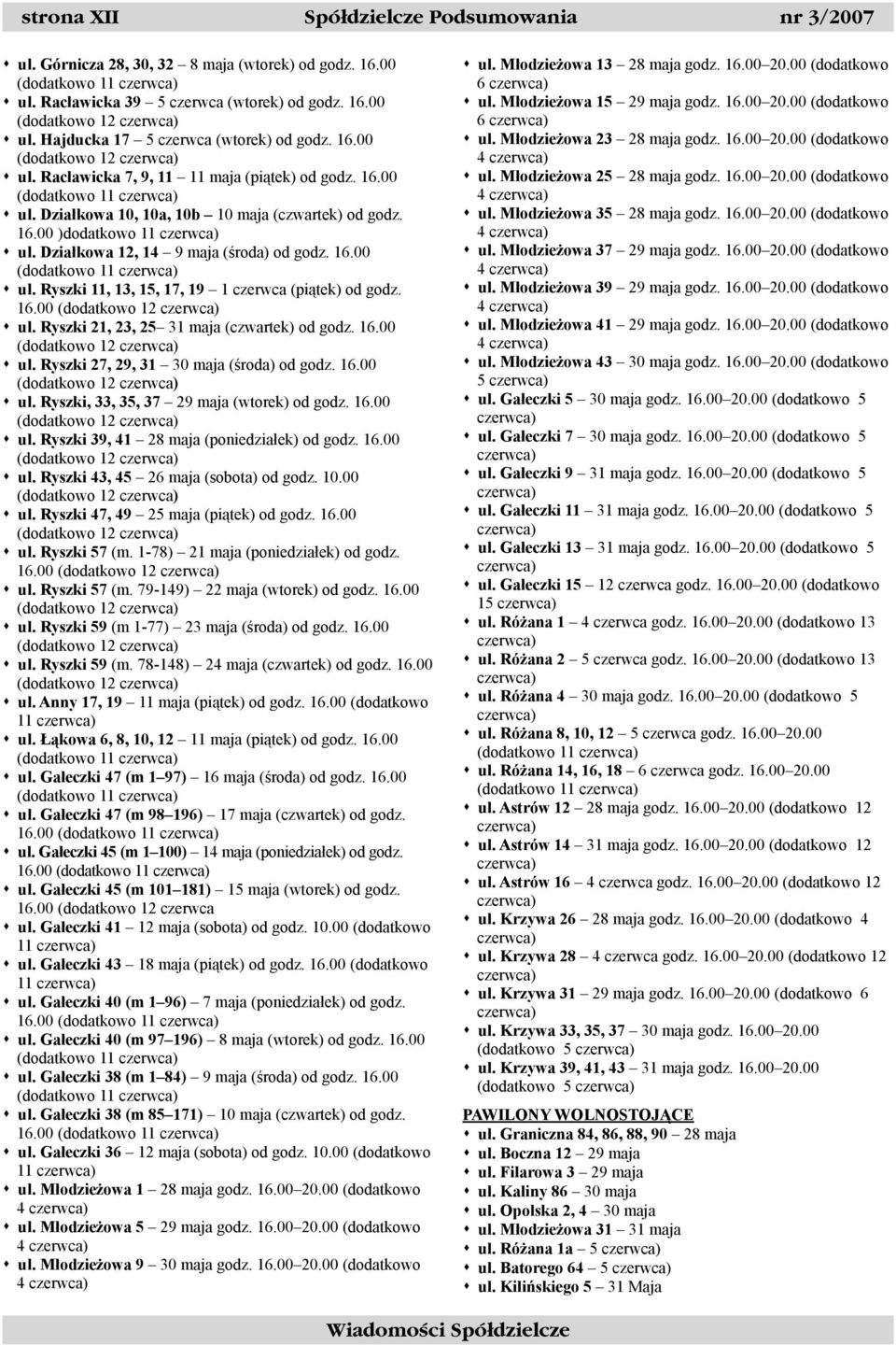 Działkowa 12, 14 9 maja (środa) od godz. 16.00 (dodatkowo 11 ul. Ryszki 11, 13, 15, 17, 19 1 czerwca (piątek) od godz. 16.00 (dodatkowo 12 ul. Ryszki 21, 23, 25 31 maja (czwartek) od godz. 16.00 (dodatkowo 12 ul. Ryszki 27, 29, 31 30 maja (środa) od godz.