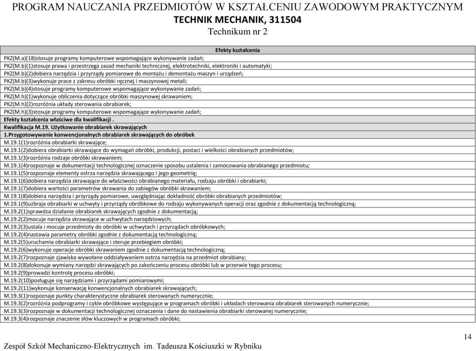 b)(2)dobiera narzędzia i przyrządy pomiarowe do montażu i demontażu maszyn i urządzeń; KZ(M.b)(3)wykonuje prace z zakresu obróbki ręcznej i maszynowej metali; KZ(M.