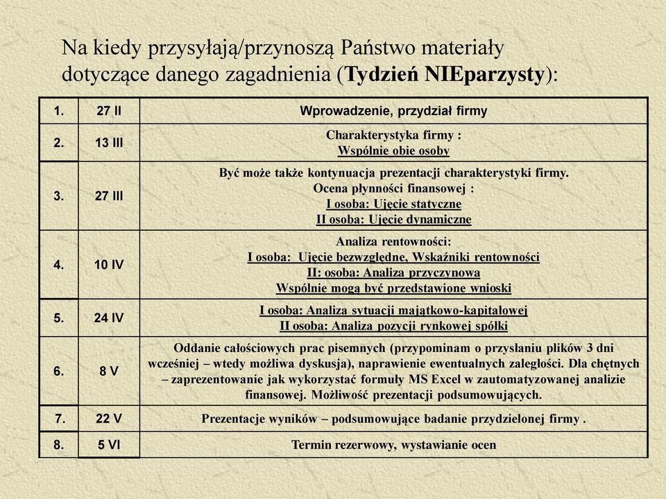 Ocena płynności finansowej : I osoba: Ujęcie statyczne II osoba: Ujęcie dynamiczne Analiza rentowności: I osoba: Ujęcie bezwzględne, Wskaźniki rentowności II: osoba: Analiza przyczynowa Wspólnie mogą