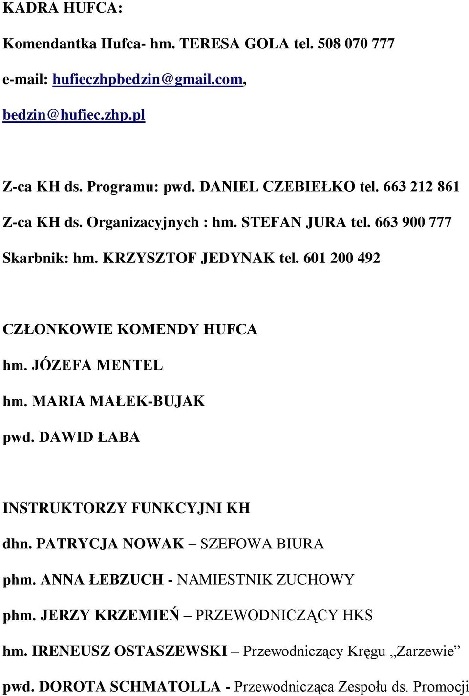 601 200 492 CZŁONKOWIE KOMENDY HUFCA hm. JÓZEFA MENTEL hm. MARIA MAŁEK-BUJAK pwd. DAWID ŁABA INSTRUKTORZY FUNKCYJNI KH dhn.