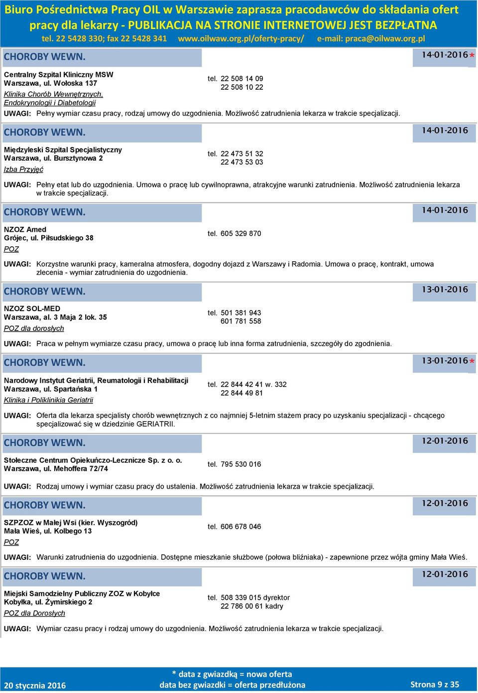 14-01-2016 Międzyleski Szpital Specjalistyczny Warszawa, ul. Bursztynowa 2 Izba Przyjęć tel. 22 473 51 32 22 473 53 03 UWAGI: Pełny etat lub do uzgodnienia.