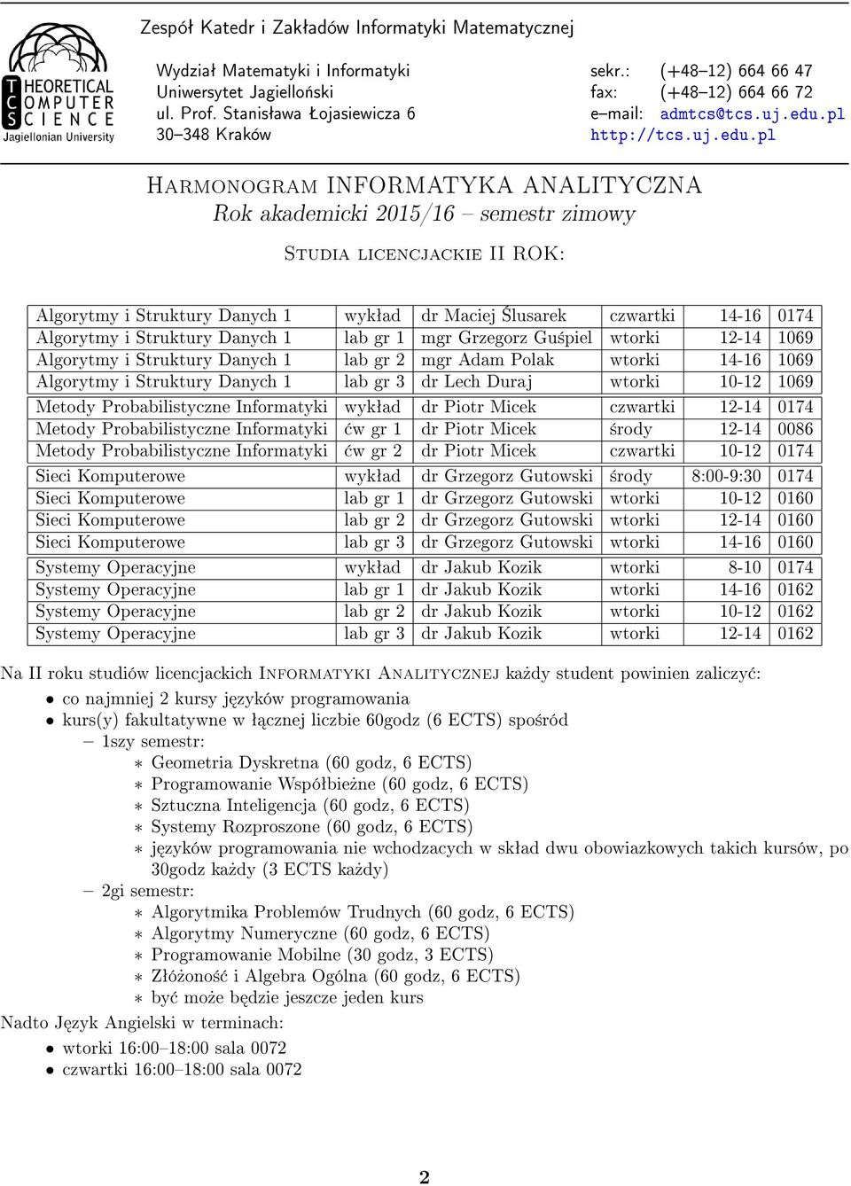 Probabilistyczne Informatyki wykªad dr Piotr Micek czwartki 12-14 0174 Metody Probabilistyczne Informatyki w gr 1 dr Piotr Micek ±rody 12-14 0086 Metody Probabilistyczne Informatyki w gr 2 dr Piotr