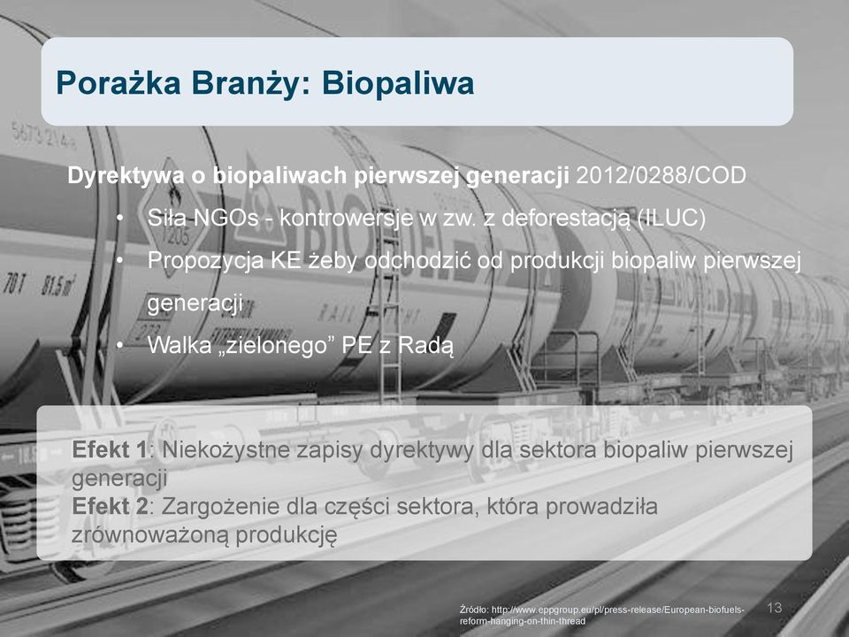 Efekt 1: Niekożystne zapisy dyrektywy dla sektora biopaliw pierwszej generacji Efekt 2: Zargożenie dla części sektora,