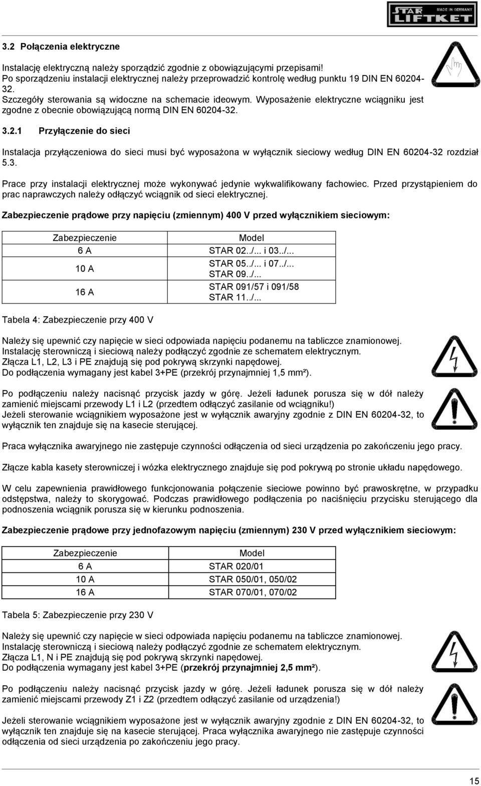 Wyposażenie elektryczne wciągniku jest zgodne z obecnie obowiązującą normą DIN EN 6020
