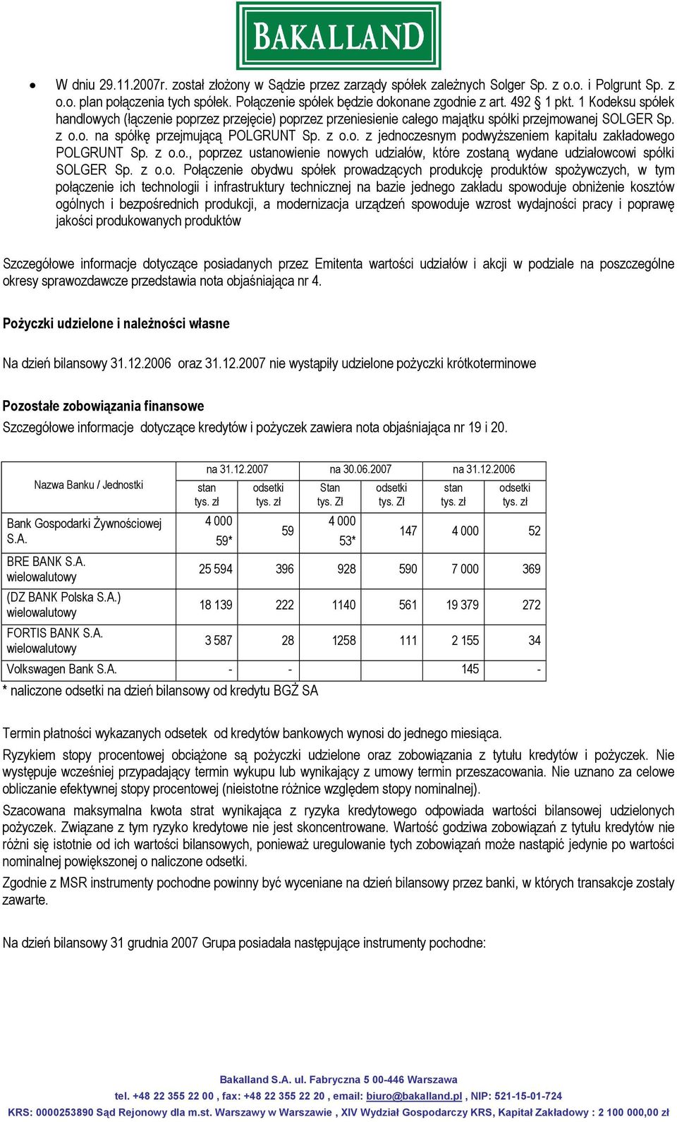 z o.o., poprzez ustanowienie nowych udziałów, które zostaną wydane udziałowcowi spółki SOLGER Sp. z o.o. Połączenie obydwu spółek prowadzących produkcję produktów spożywczych, w tym połączenie ich