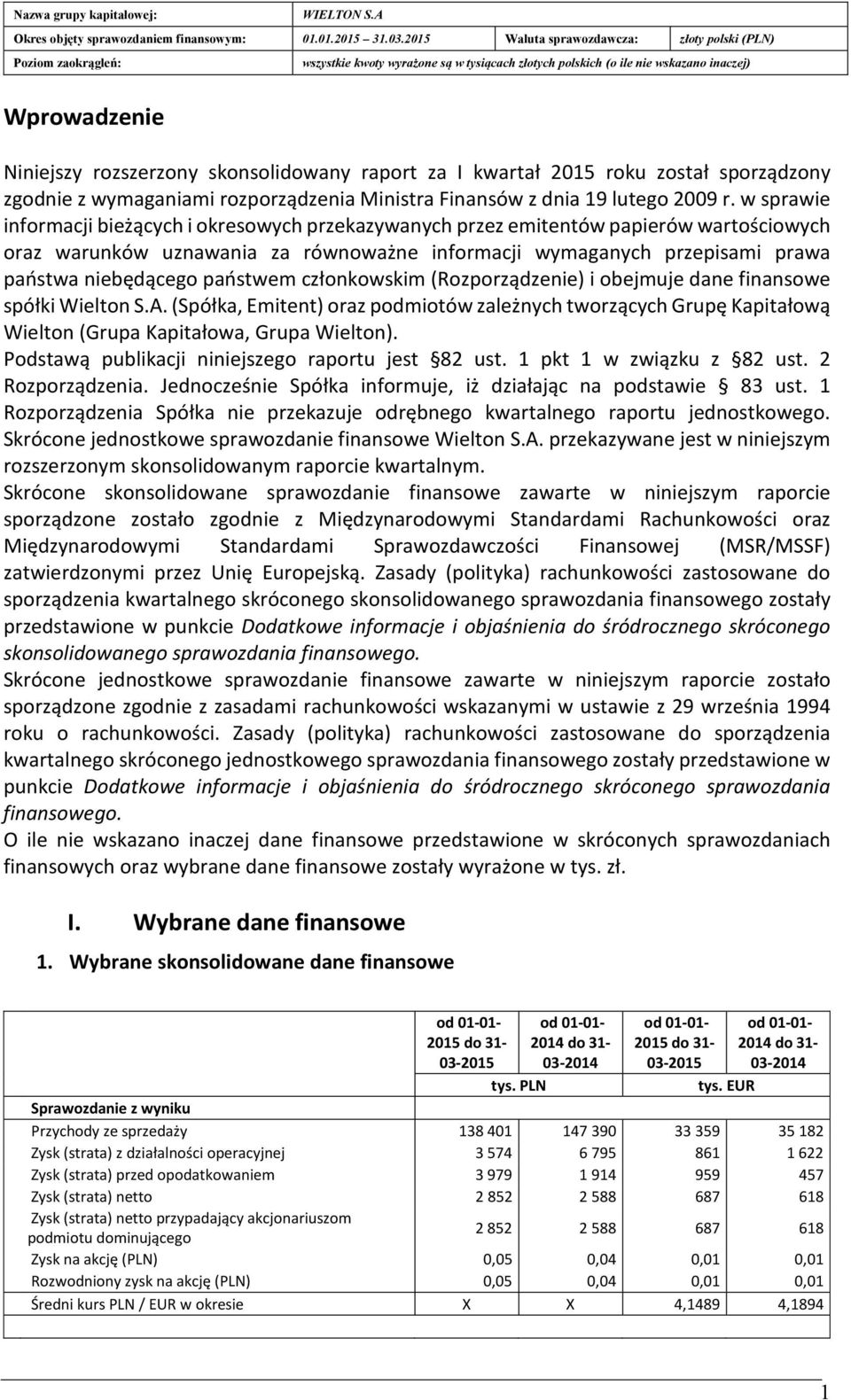 państwem członkowskim (Rozporządzenie) i obejmuje dane finansowe spółki Wielton S.A. (Spółka, Emitent) oraz podmiotów zależnych tworzących Grupę Kapitałową Wielton (Grupa Kapitałowa, Grupa Wielton).