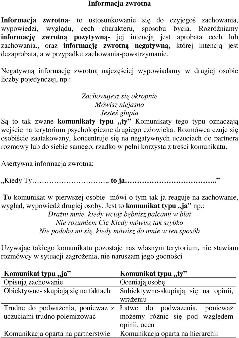Negatywną informację zwrotną najczęściej wypowiadamy w drugiej osobie liczby pojedynczej, np.