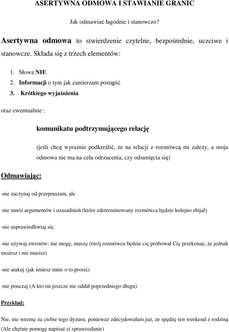 Krótkiego wyjaśnienia oraz ewentualnie : komunikatu podtrzymującego relację (jeśli chcę wyraźnie podkreślić, że na relacji z rozmówcą mi zależy, a moja odmowa nie ma na celu odrzucenia, czy