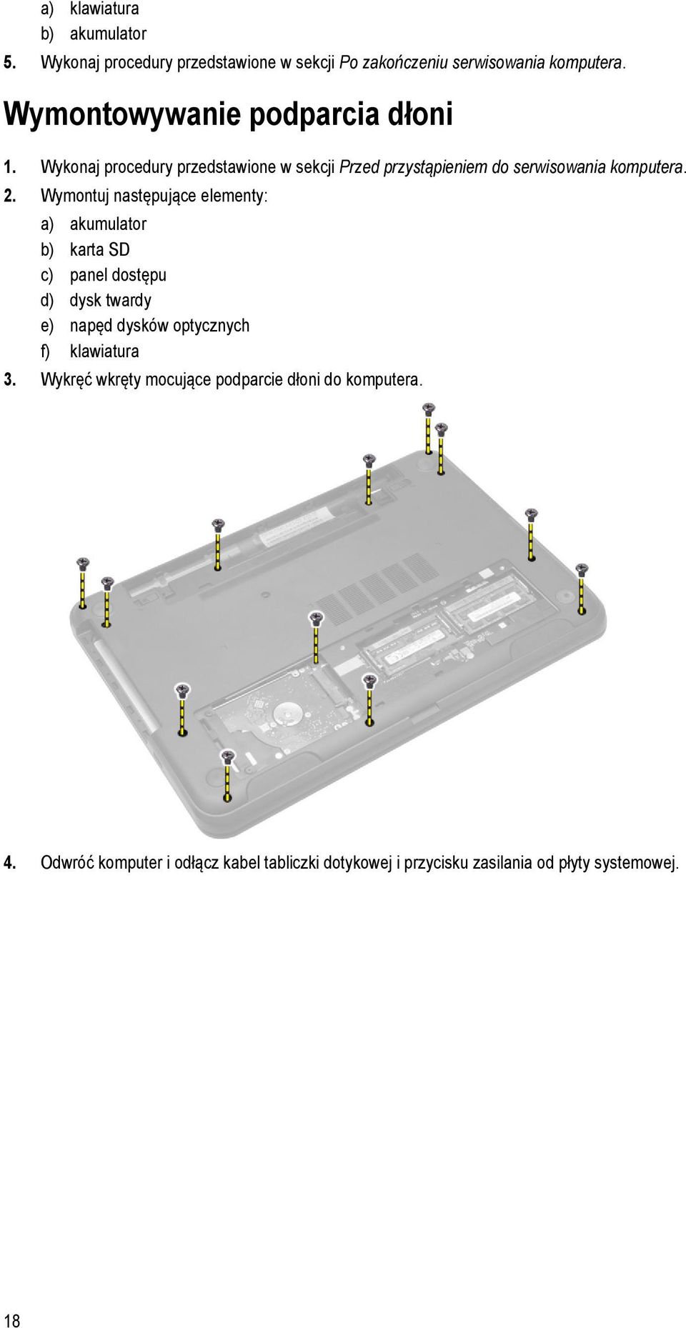 Wymontuj następujące elementy: a) akumulator b) karta SD c) panel dostępu d) dysk twardy e) napęd dysków optycznych f) klawiatura