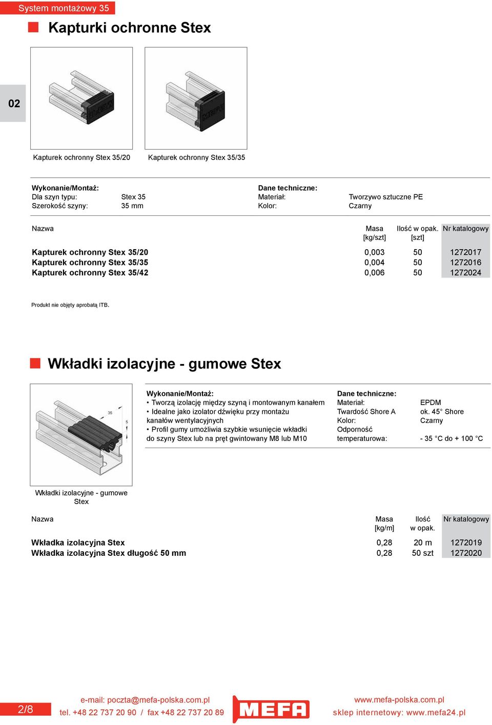 aprobatą ITB. Wkładki izolacyjne - gumowe Stex Tworzą izolację między szyną i montowanym kanałem Materiał: EPDM Idealne jako izolator dźwięku przy montażu Twardość Shore A ok.