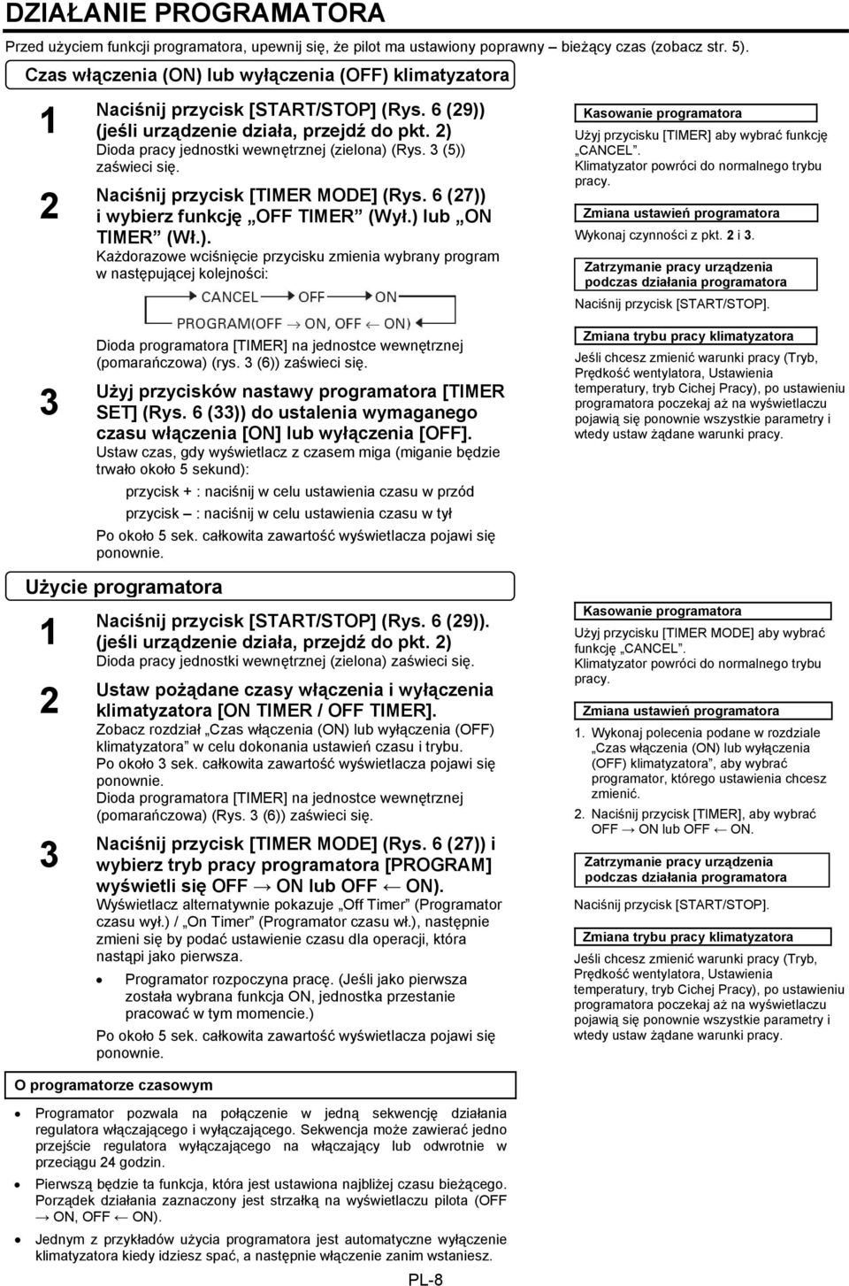 3 (5)) zaświeci się. Naciśnij przycisk [TIMER MODE] (Rys. 6 (27)) i wybierz funkcję OFF TIMER (Wył.) lub ON TIMER (Wł.). Każdorazowe wciśnięcie przycisku zmienia wybrany program w następującej kolejności: Dioda programatora [TIMER] na jednostce wewnętrznej (pomarańczowa) (rys.