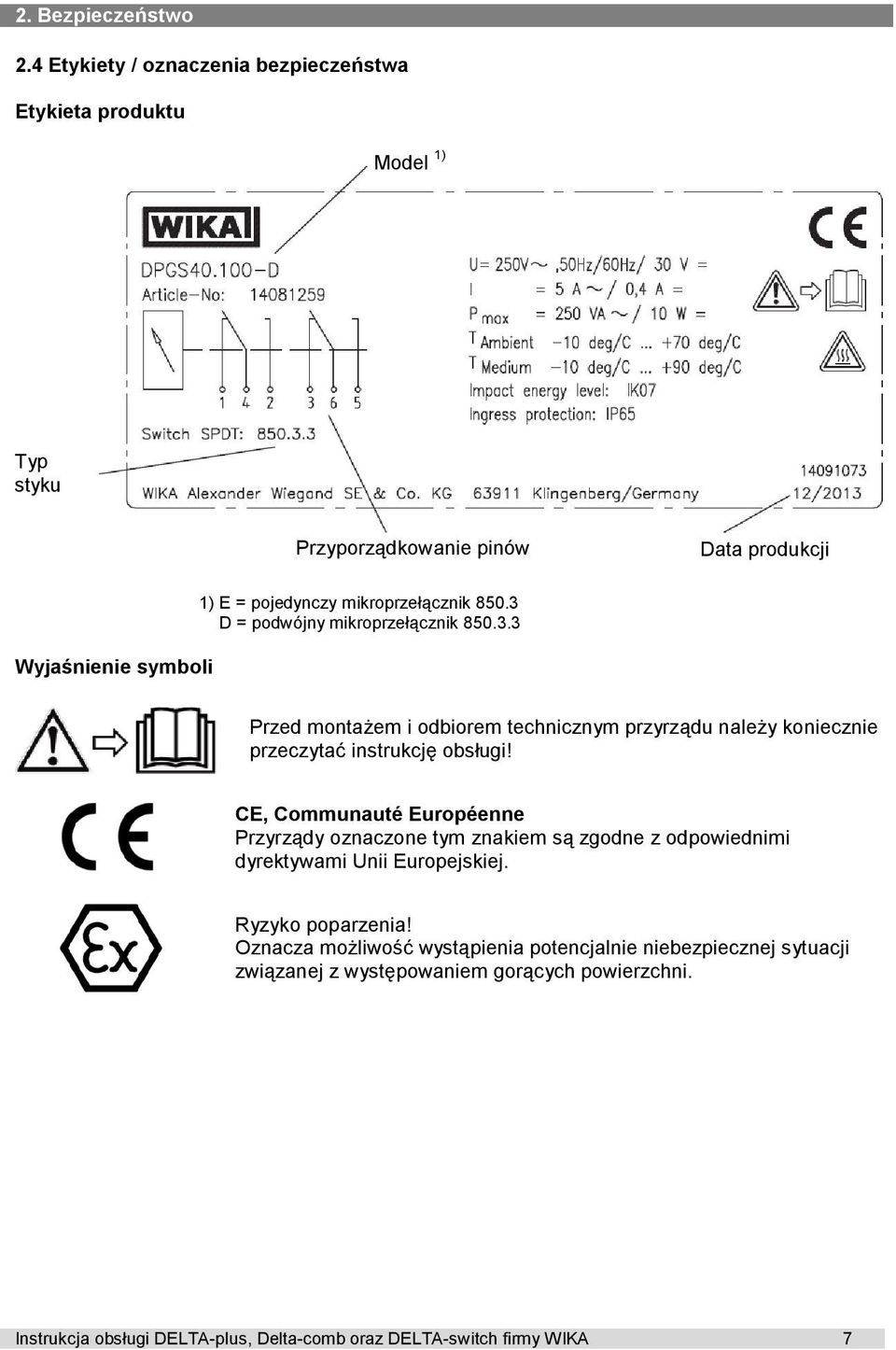 mikroprzełącznik 850.3 D = podwójny mikroprzełącznik 850.3.3 Przed montażem i odbiorem technicznym przyrządu należy koniecznie przeczytać instrukcję obsługi!