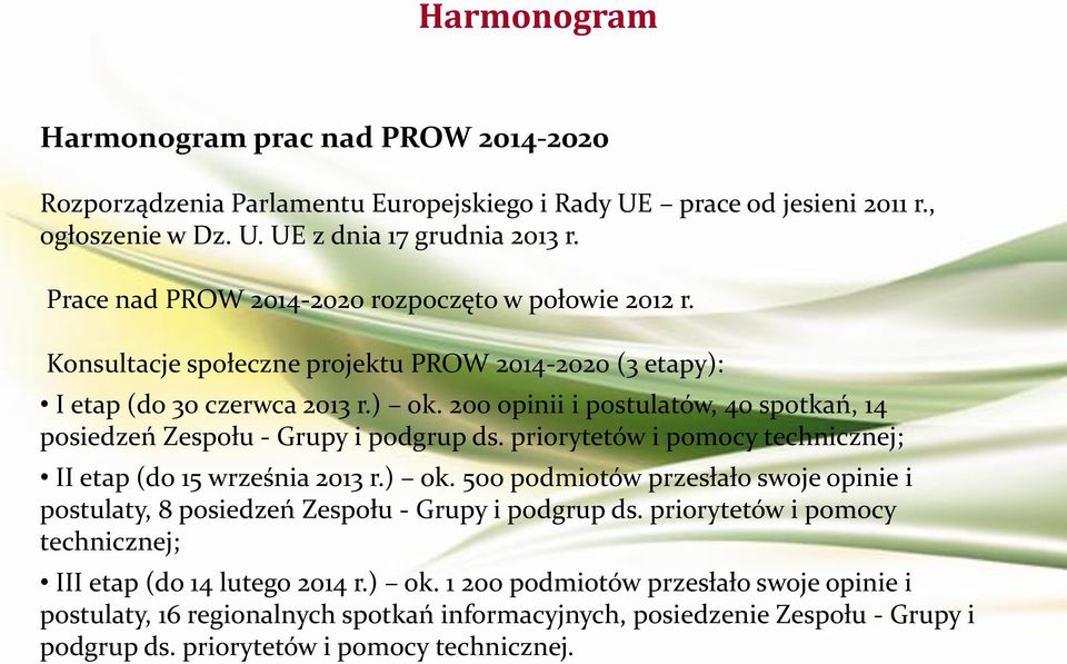 200 opinii i postulatów, 40 spotkań, 14 posiedzeń Zespołu - Grupy i podgrup ds. priorytetów i pomocy technicznej; II etap (do 15 września 2013 r.) ok.