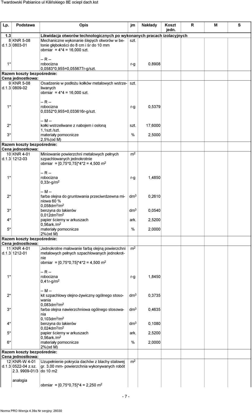 2* kołki wstrzeliwane z nabojem i osłoną 1,1szt./szt. 3* materiały pomocnicze 2,5%(od M) 10 KNR 4-01 Miniowanie powierzchni metalowych pełnych d.1.3 1212-03 szpachlowanych jednokrotnie obmiar = [0,75*0,75]*4*2 = 4,500 r-g 0,8908 szt.