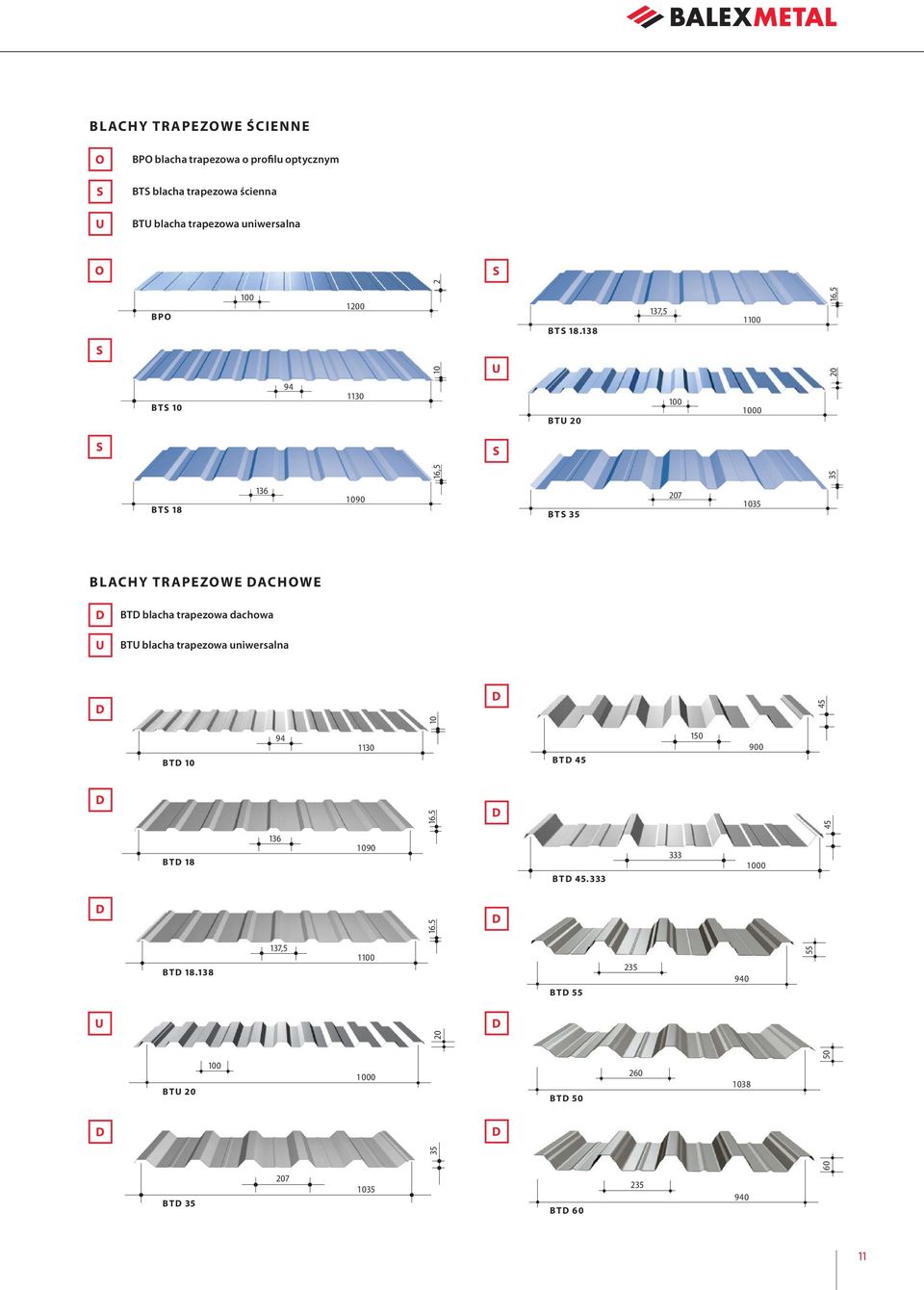 138 BTU 20 137,5 100 1 100 1 000 35 20 16,5 BTS 18 136 1 090 BTS 35 207 1 035 BLACHY TRAPEZOWE DACHOWE D U BTD blacha trapezowa dachowa BTU blacha