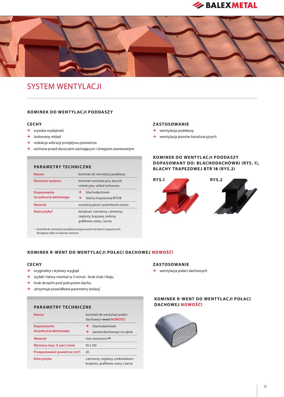 kanalizacyjnych KOMINEK DO WENTYLACJI PODDASZY DOPASOWANY DO: BLACHODACHÓWKI (RYS. 1), BLACHY TRAPEZOWEJ BTR 18 (RYS.2) RYS.1 RYS.