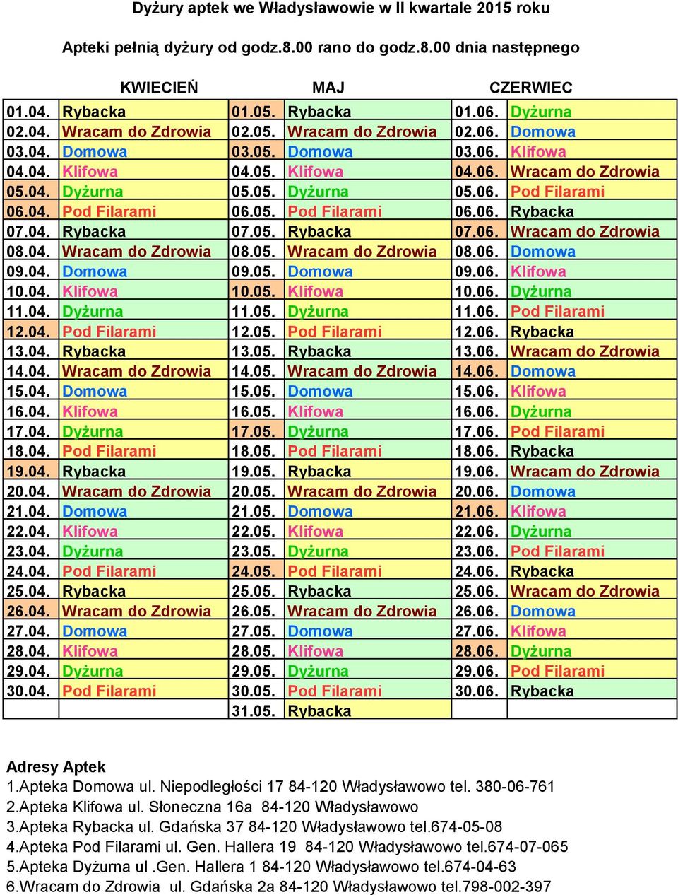 04. Rybacka 07.05. Rybacka 07.06. Wracam do Zdrowia 08.04. Wracam do Zdrowia 08.05. Wracam do Zdrowia 08.06. Domowa 09.04. Domowa 09.05. Domowa 09.06. Klifowa 10.04. Klifowa 10.05. Klifowa 10.06. Dyżurna 11.